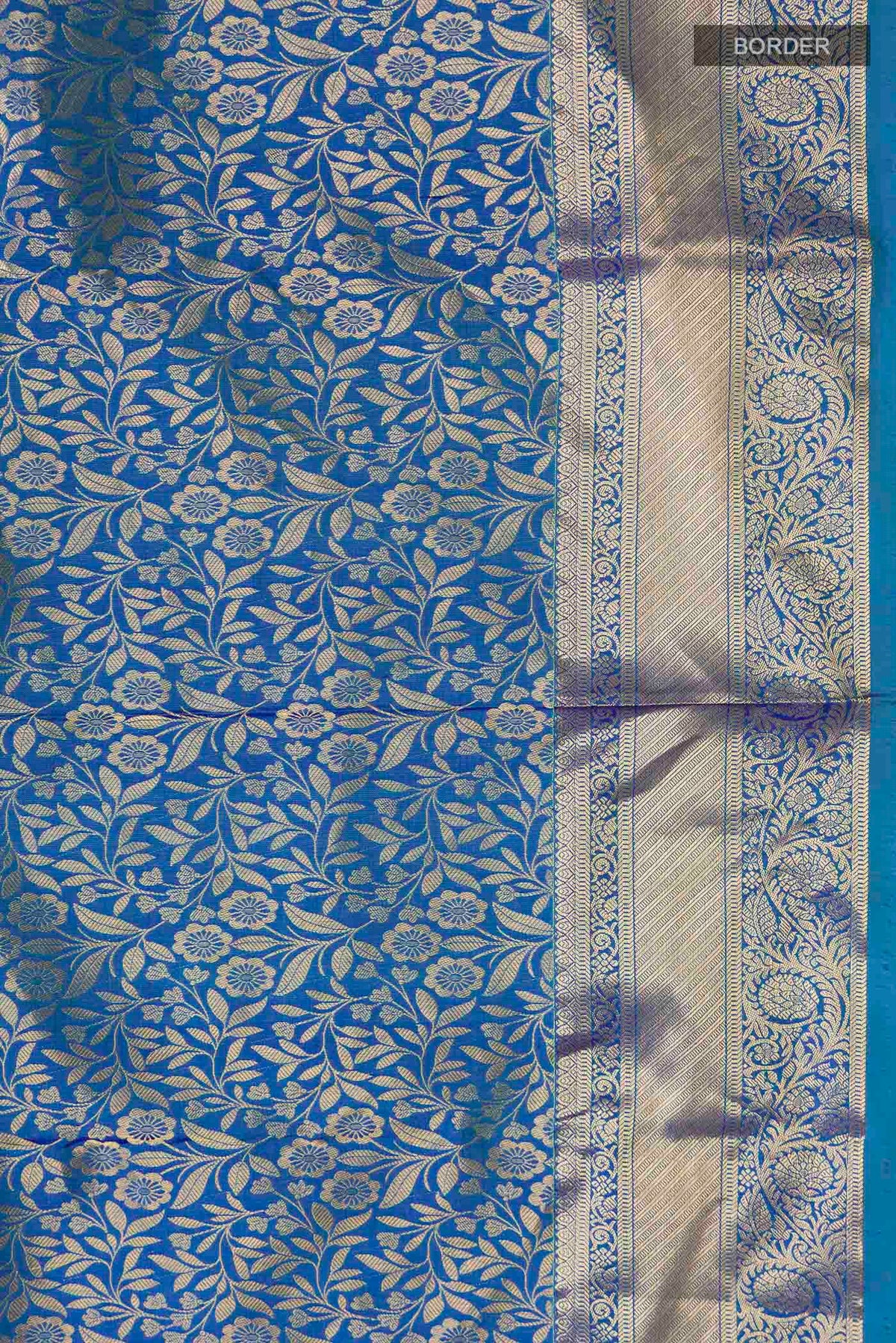 Border image of Blue Kanchipuram Silk Saree with Zari Brocade on the body and Zari Border