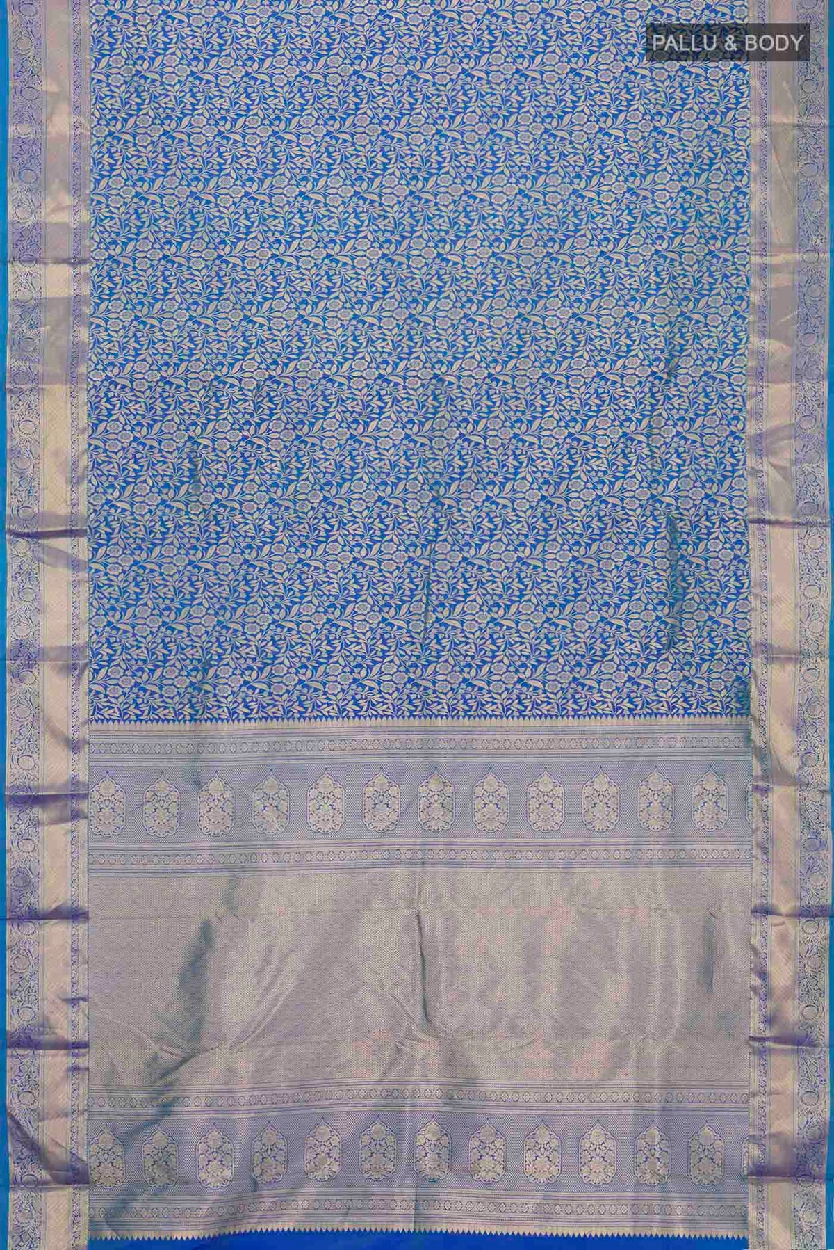 Flat view of Blue Kanchipuram Silk Saree with Zari Brocade on the body and Zari Border