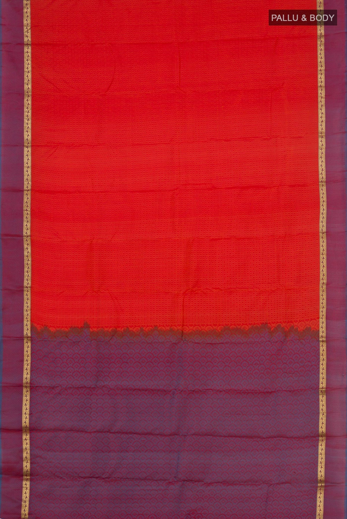Flat view of Red Kanchipuram Silk Saree with Jacquard design on the body and Thin Zari Line. 