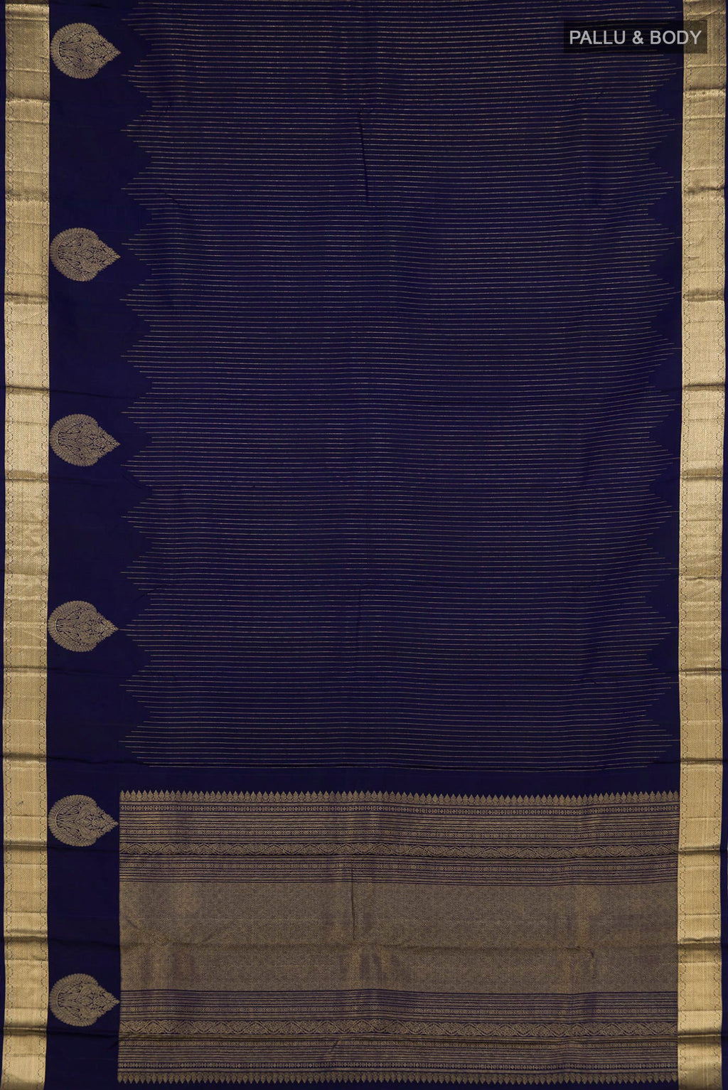 Flat view of Blue Kanjivaram Saree with Stripes on the body and Zari Border. 