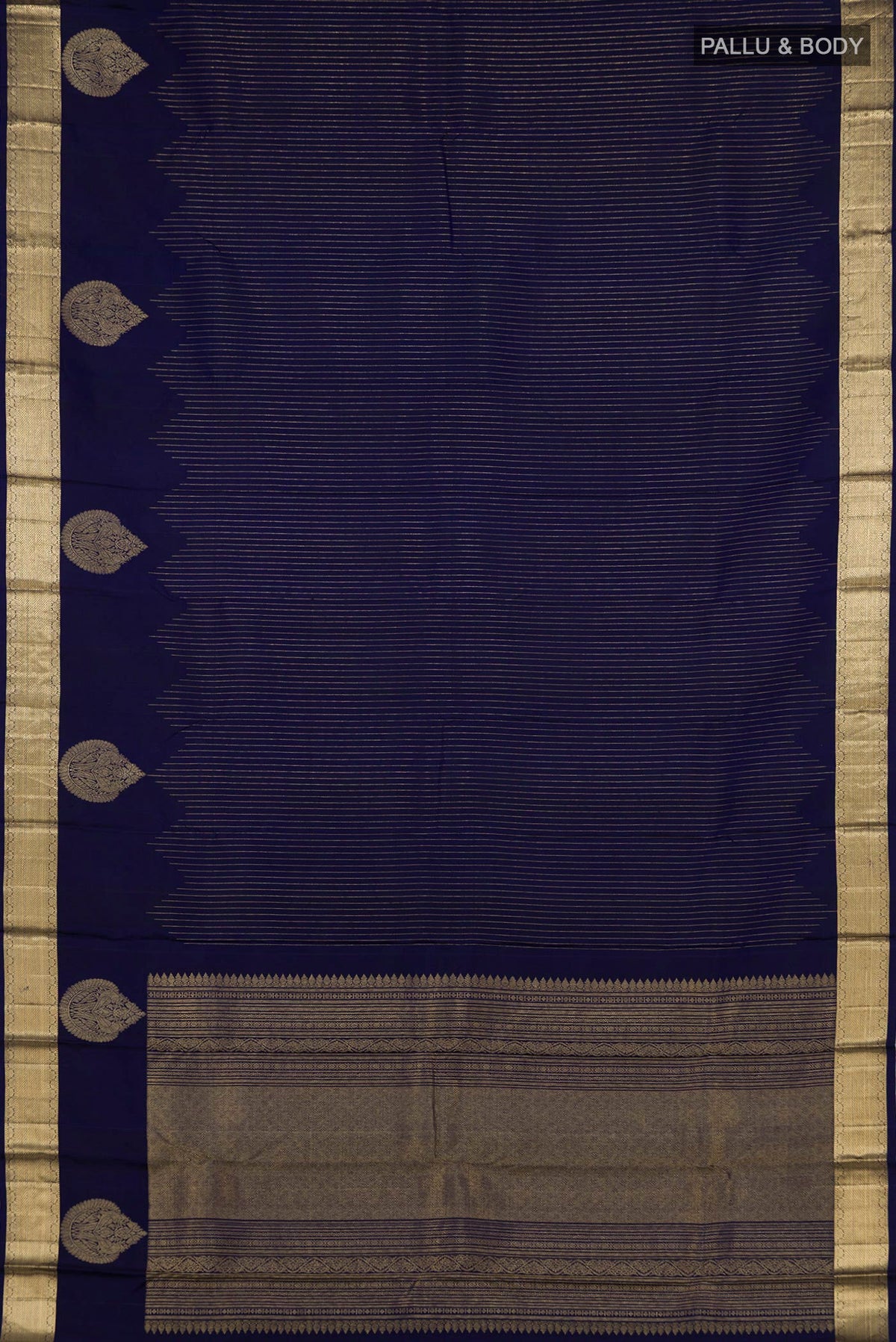 Flat view of Blue Kanjivaram Saree with Stripes on the body and Zari Border. 