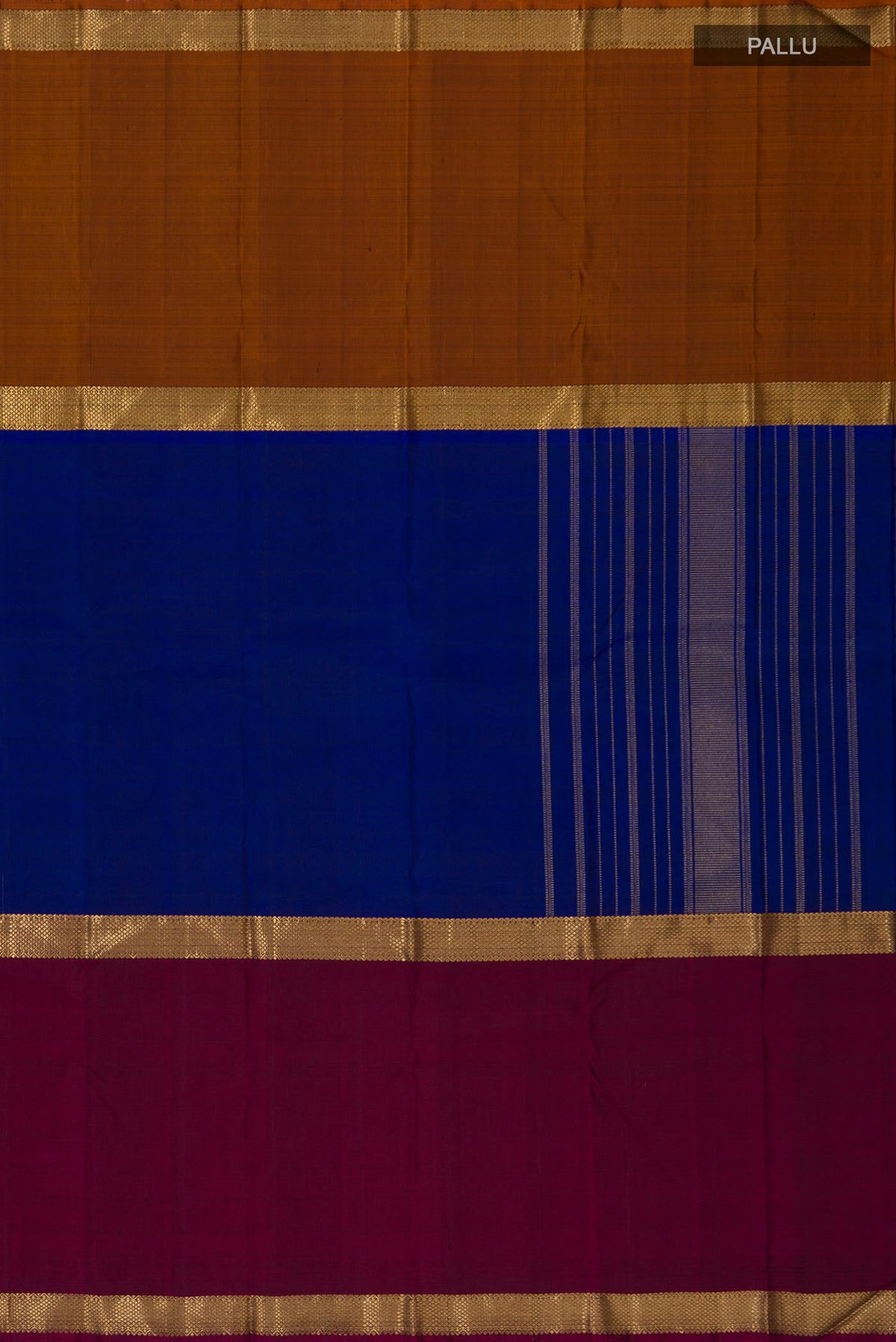 Close up image of the pallu of Pure Silk Pure Zari Blue Kanchipuram Saree with Plain Body and Ganga Jamuna Border. 