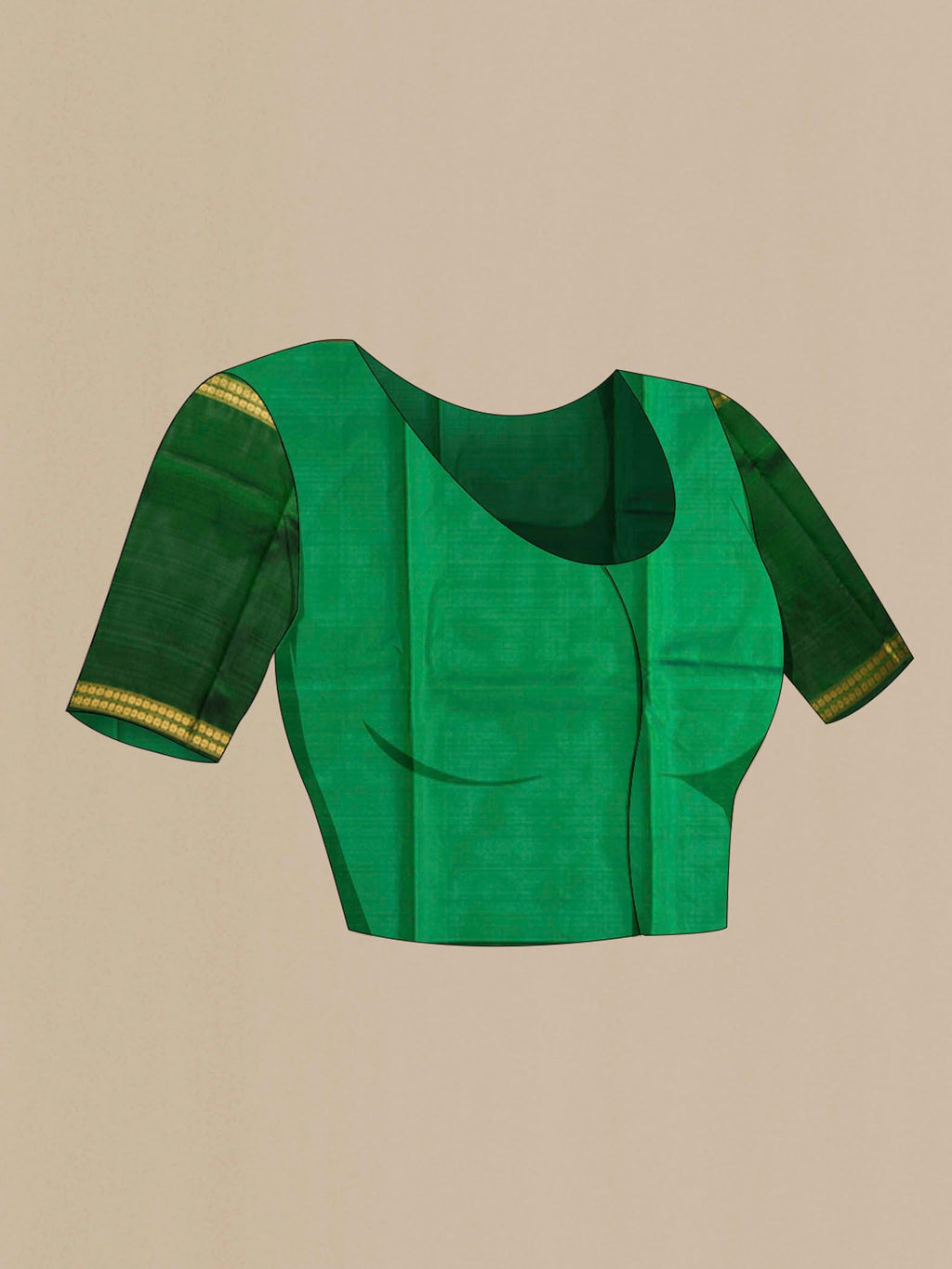 Close up image of the blouse of Green Kanchipuram Silk Saree with Zari Butta on the body and Zari Border