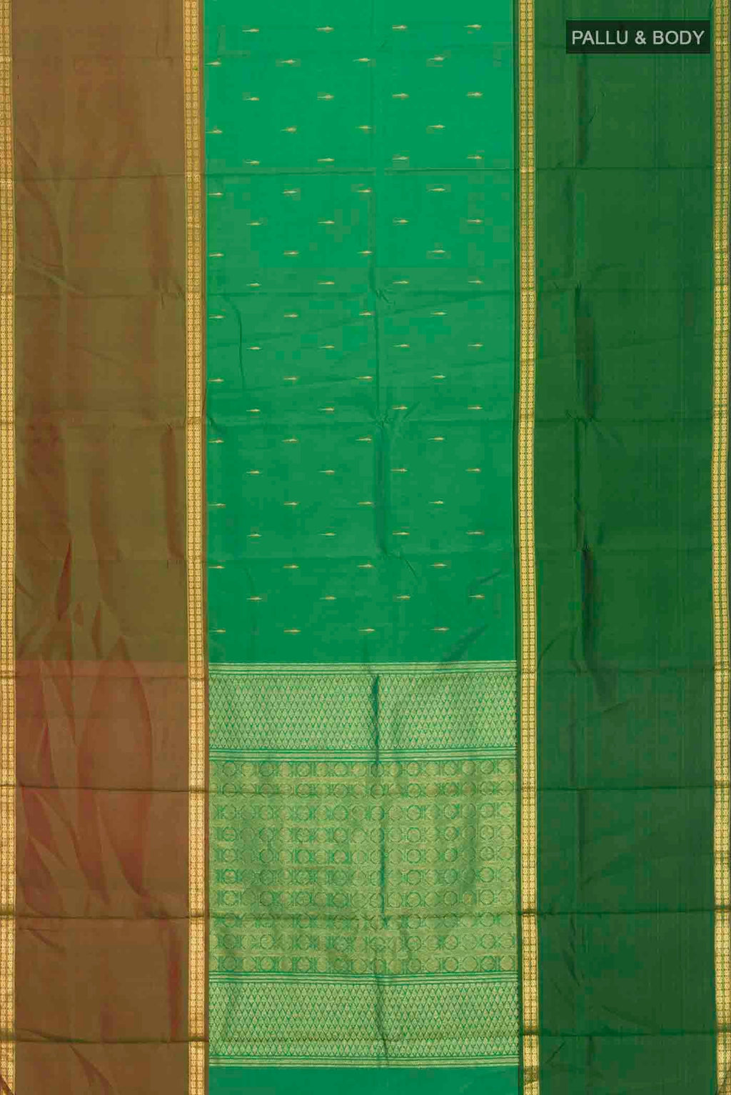 Flat view of Green Kanchipuram Silk Saree with Zari Butta on the body and Zari Border