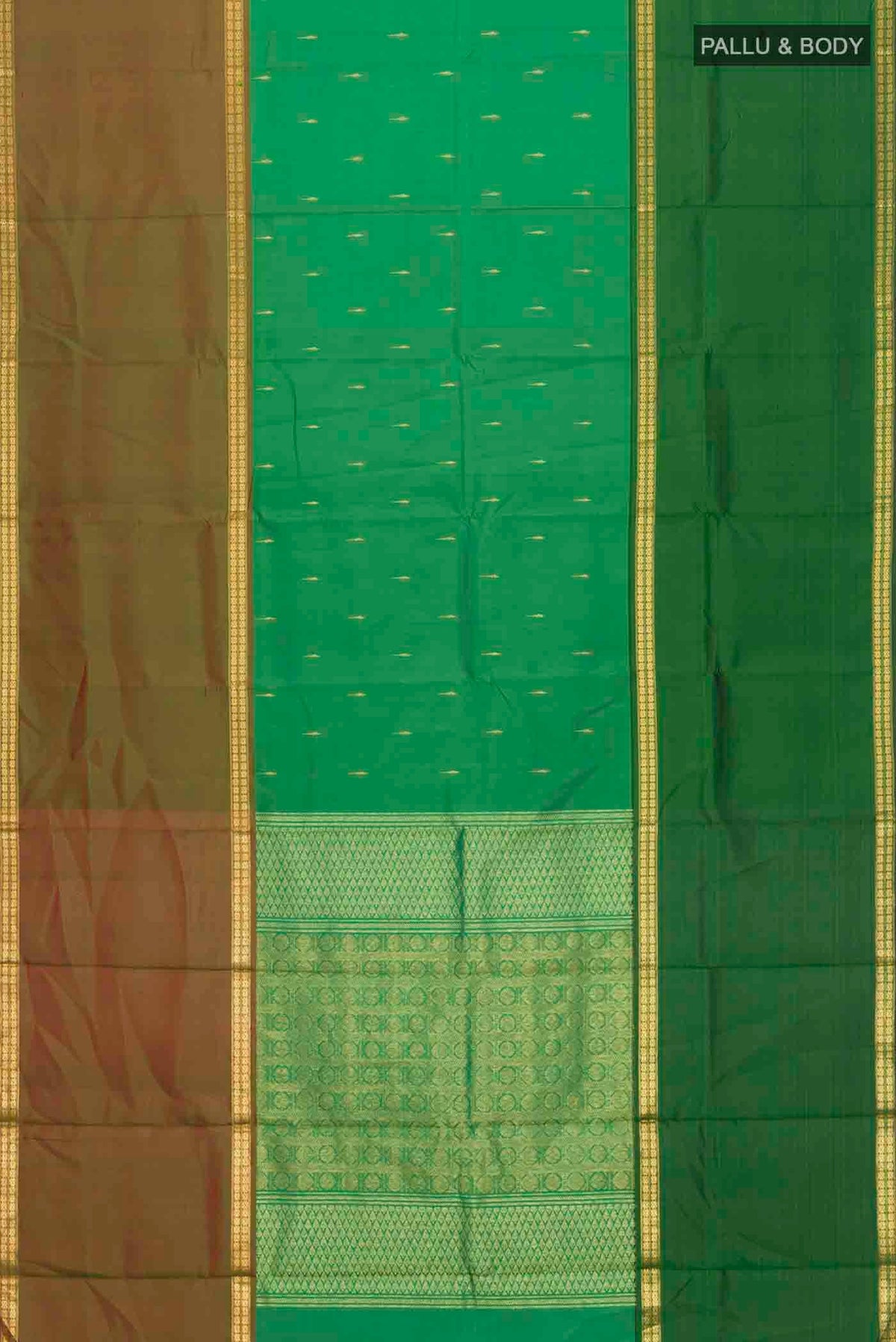 Flat view of Green Kanchipuram Silk Saree with Zari Butta on the body and Zari Border