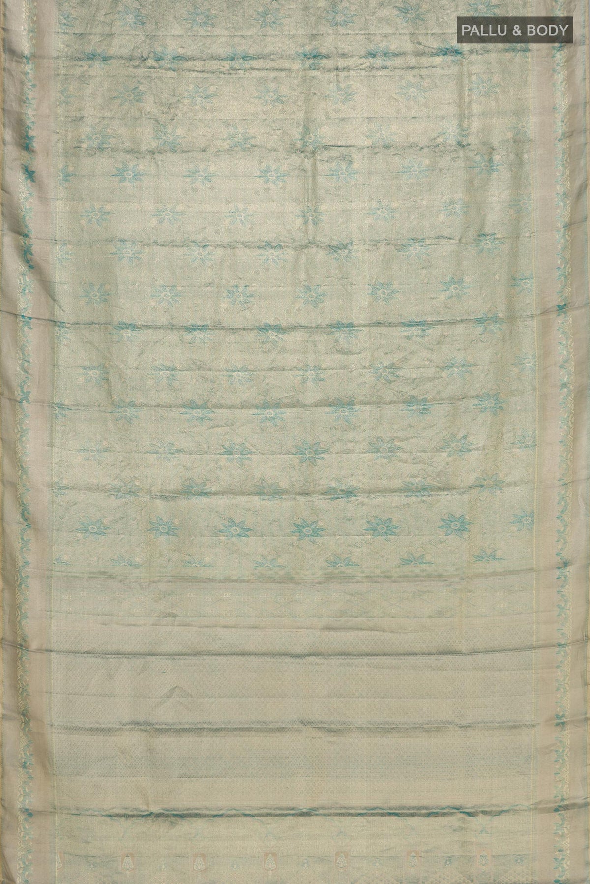 Flat view of Light Blue Kanjivaram Silk Saree with Zari Brocade on the body and Zari Border. 