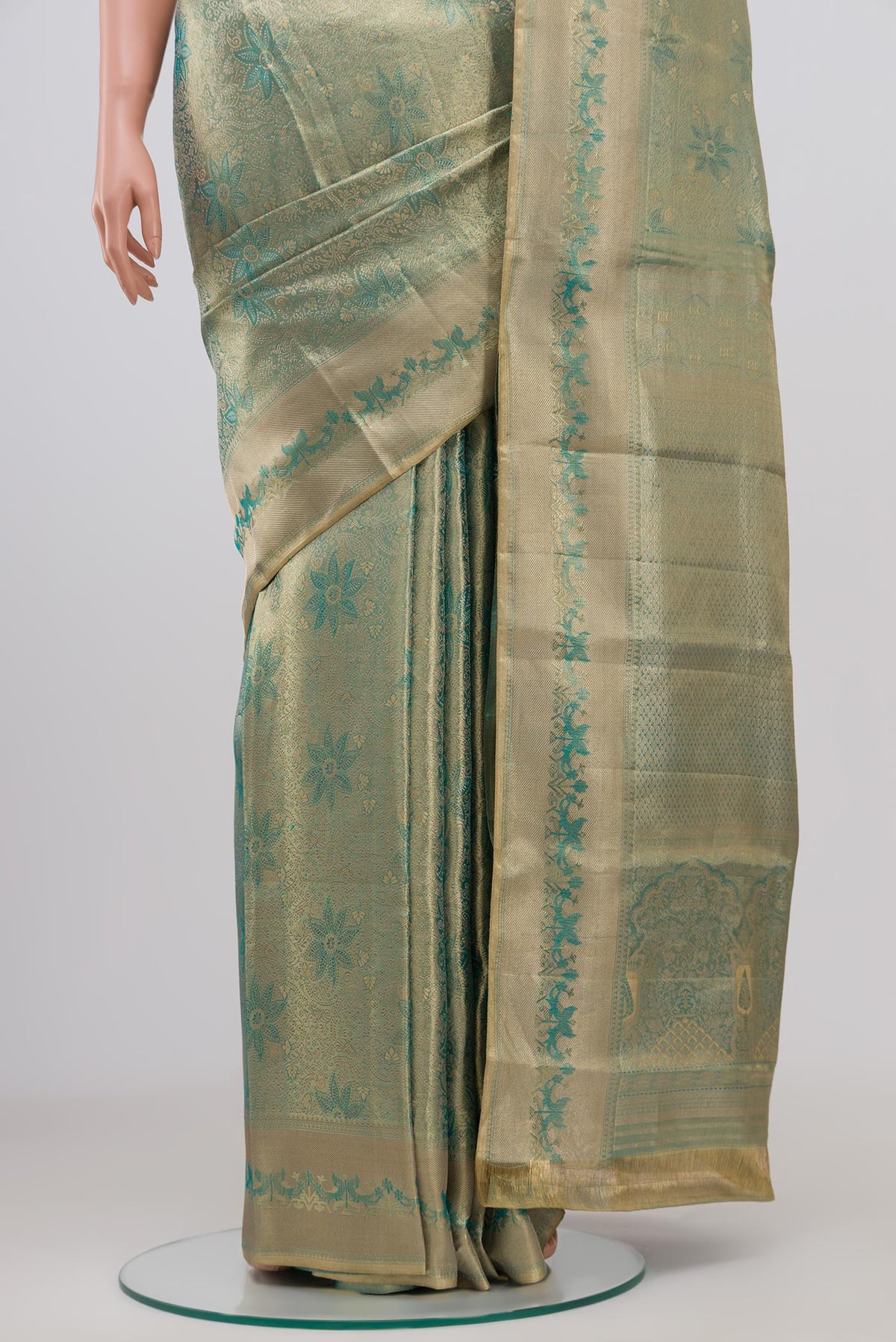 Pleats and pallu of Light Blue Kanjivaram Silk Saree with Zari Brocade on the body and Zari Border. 