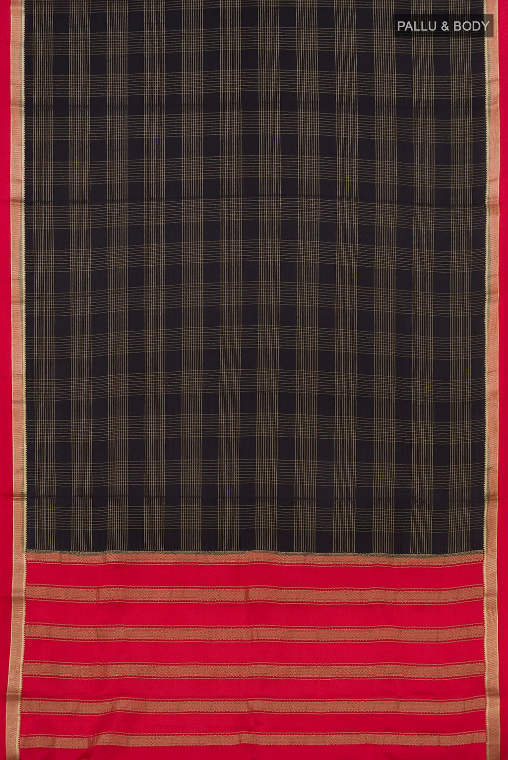 Flat view of Black Mysore Crepe Saree with Checked design on the body and Thin Zari Line. 
