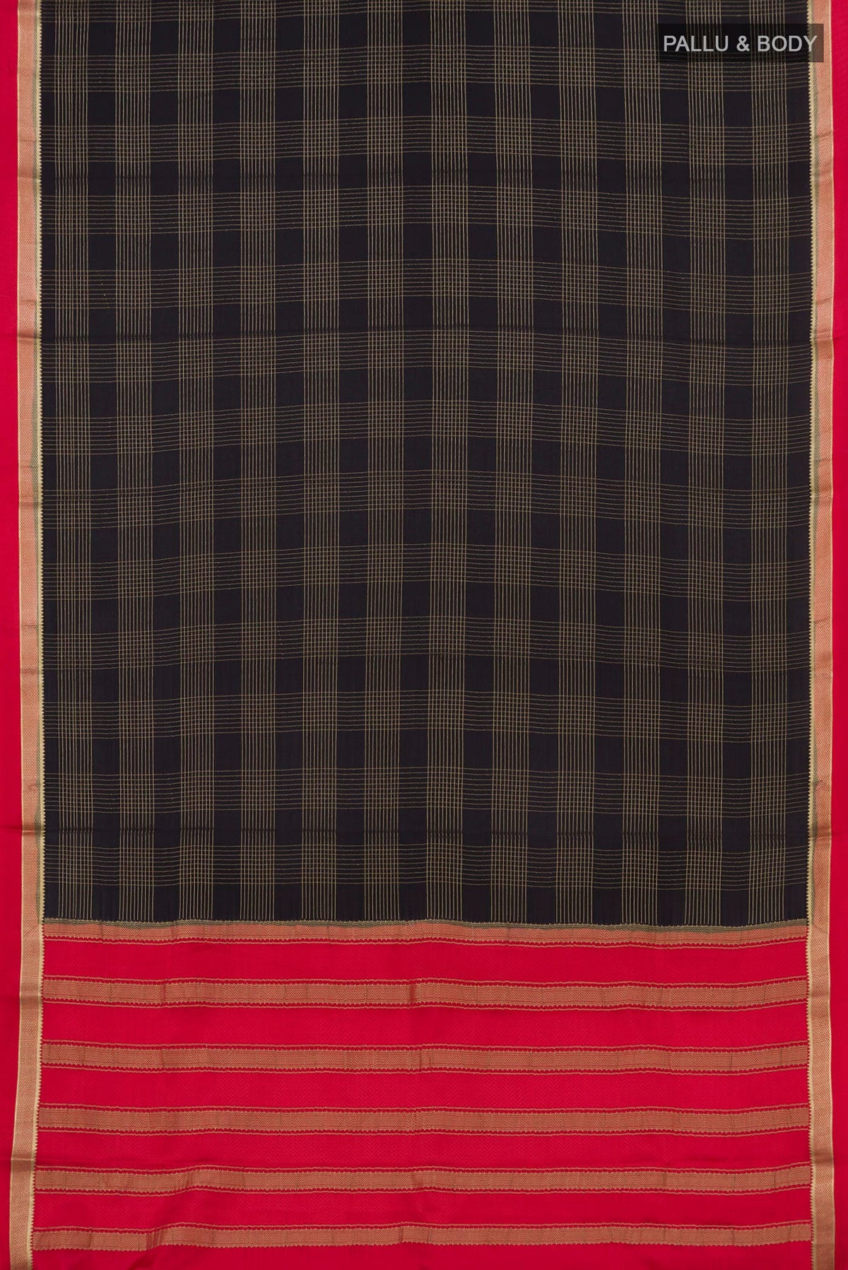 Flat view of Black Mysore Crepe Saree with Checked design on the body and Thin Zari Line. 