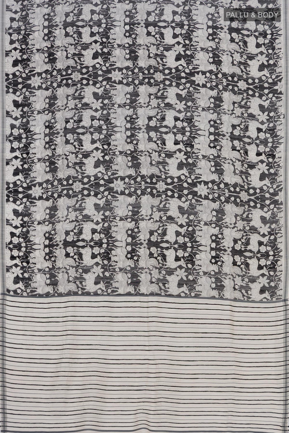Flat view of Black Tussar Silk Saree with Fancy on the body and Plain Border. 