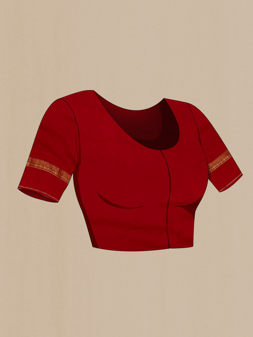 Close up image of the blouse of Red Printed Silk Saree with Printed design on the body and Zari Border. 