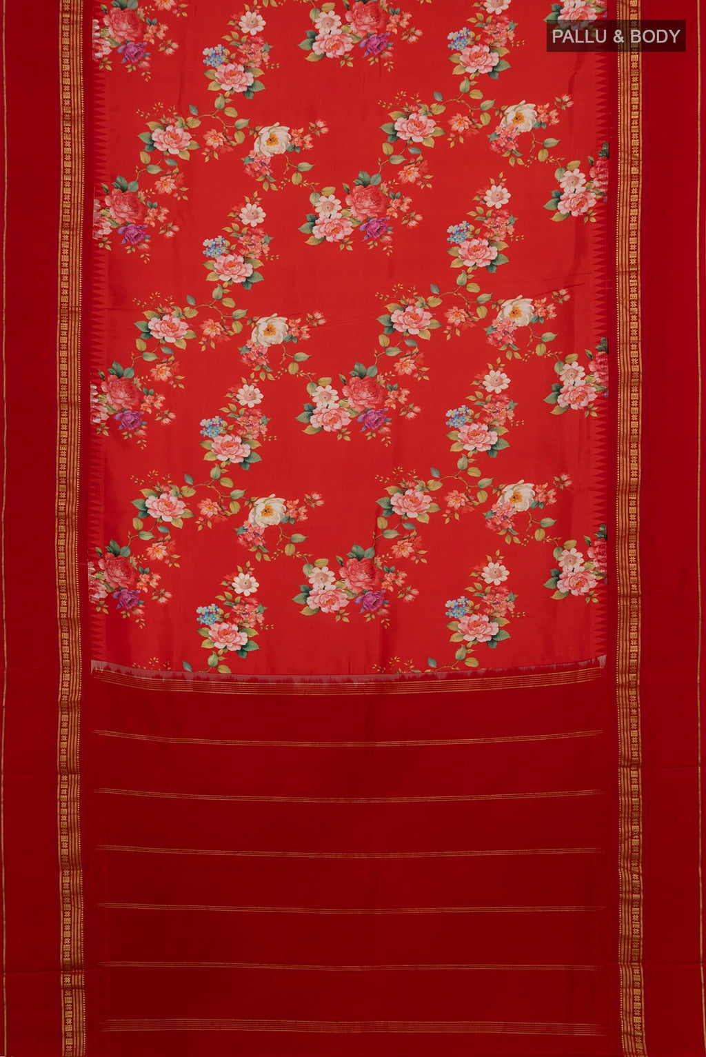 Flat view of Red Printed Silk Saree with Printed design on the body and Zari Border. 