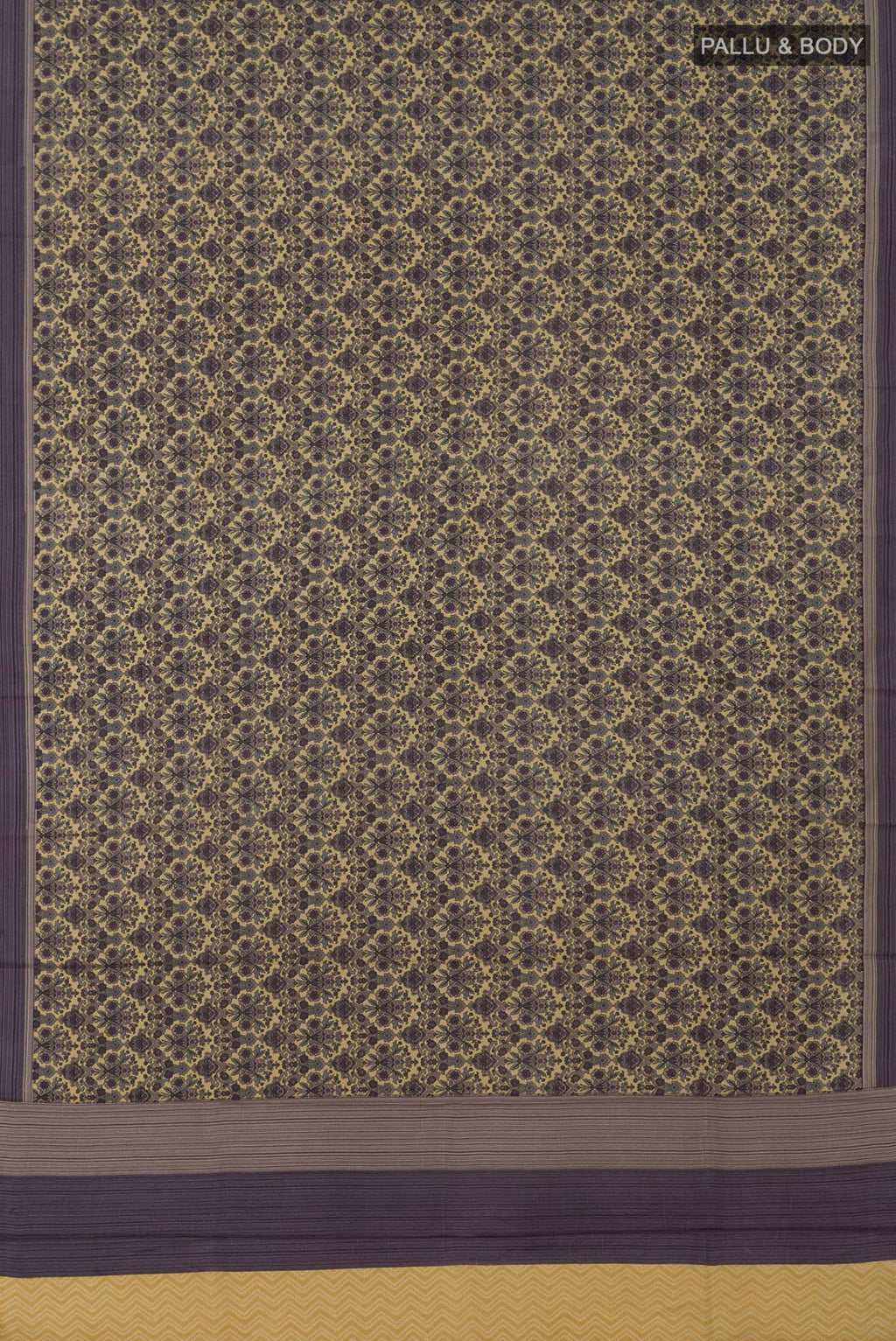 Flat view of Beige Printed Silk Saree with Printed design on the body and Plain Border. 