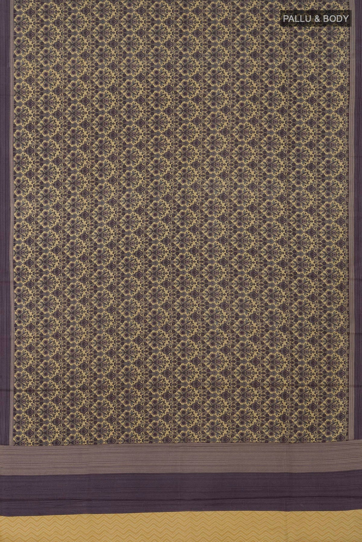 Flat view of Beige Printed Silk Saree with Printed design on the body and Plain Border. 