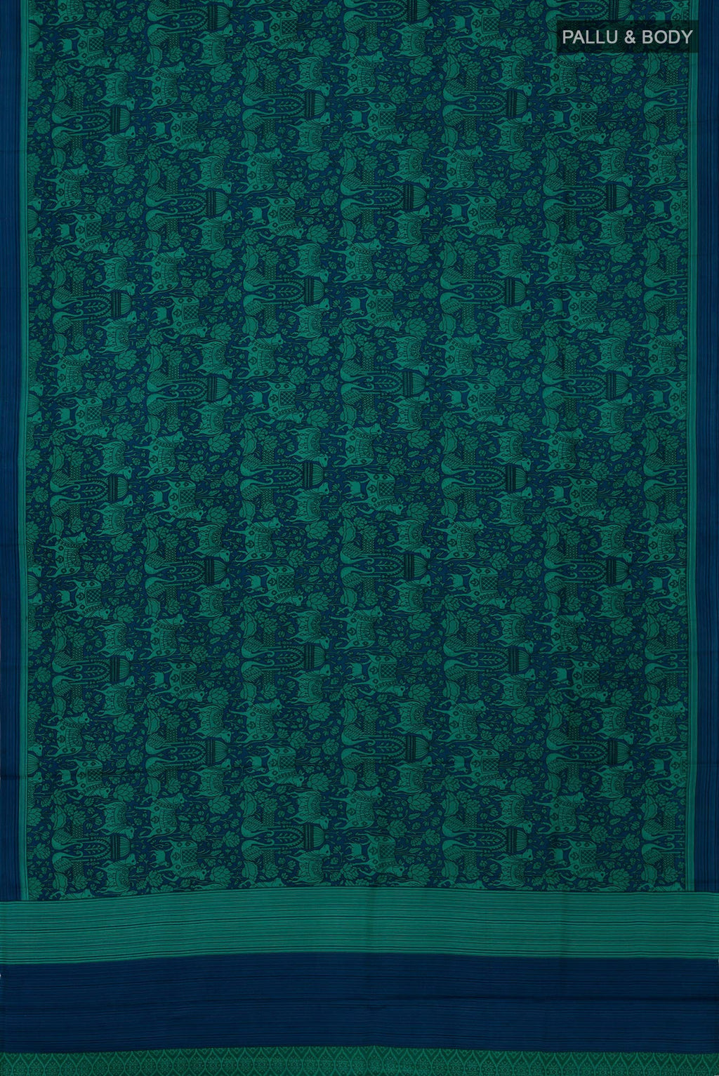 Flat view of Navy Blue Printed Silk Saree with Printed design on the body and Plain Border. 