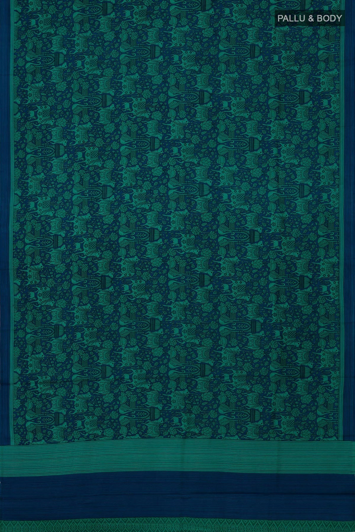 Flat view of Navy Blue Printed Silk Saree with Printed design on the body and Plain Border. 