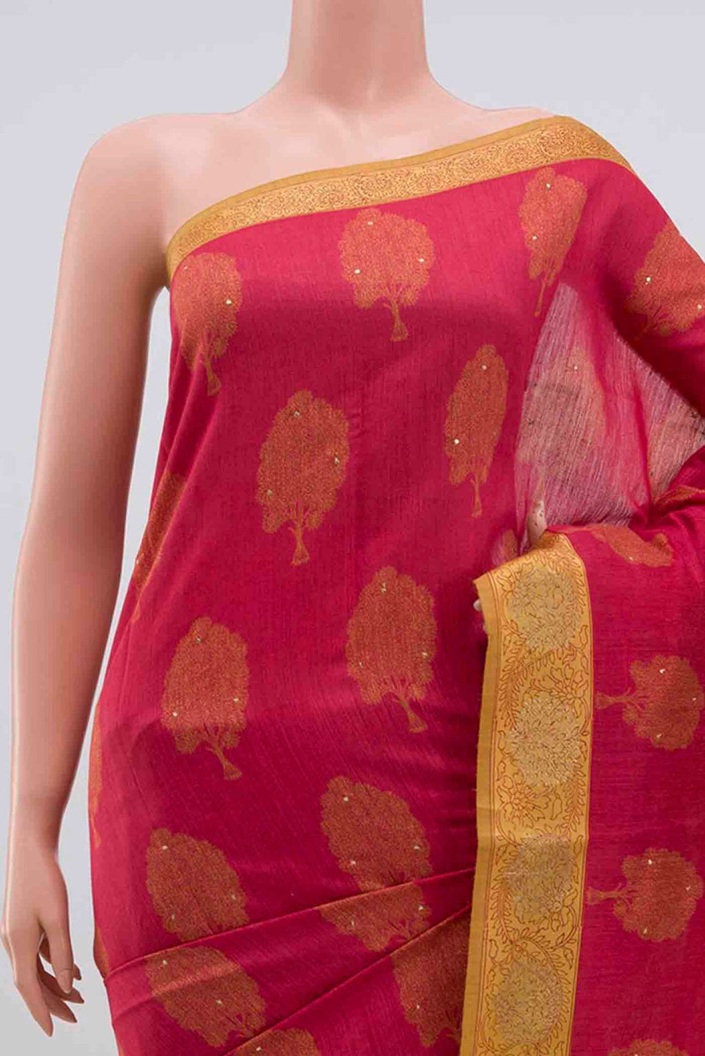 Border image of Dark Pink Tussar Silk Saree with Printed design on the body and Zari Border. 