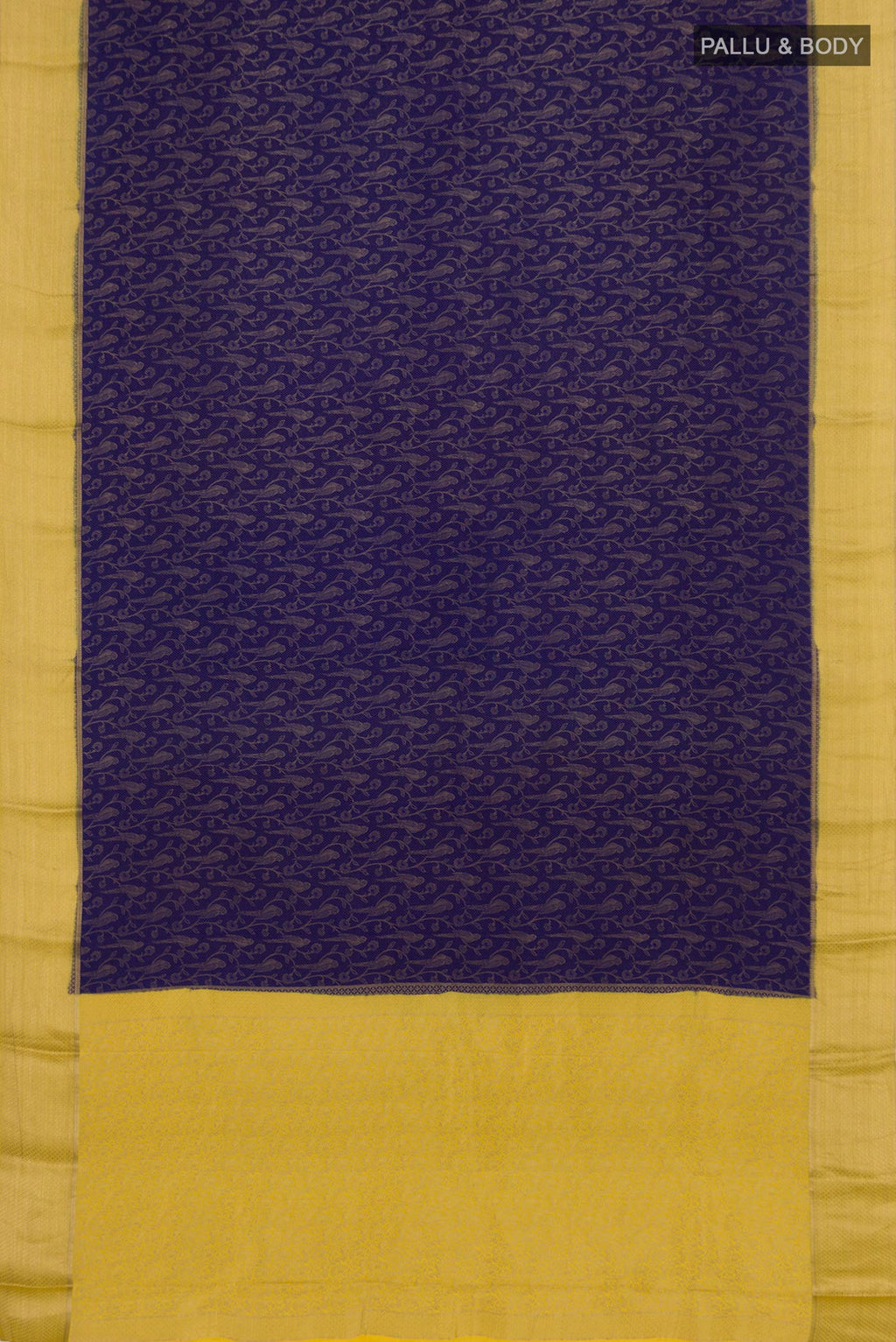 Flat view of Blue Mysore Crepe Saree with Zari Brocade on the body and Zari Border. 