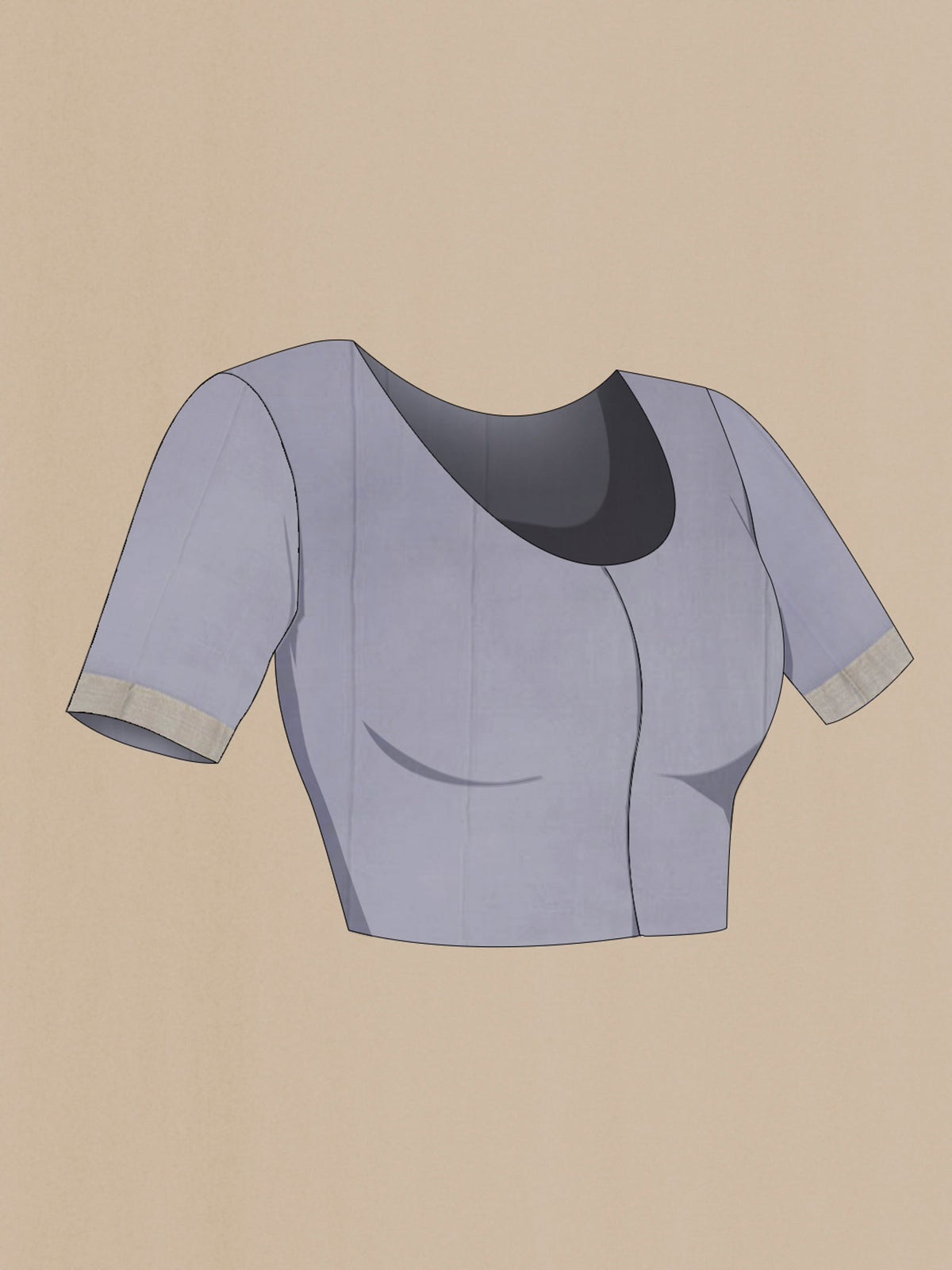 Close up image of the blouse of Grey Mysore Crepe Saree with Zari Brocade on the body and Zari Border. 
