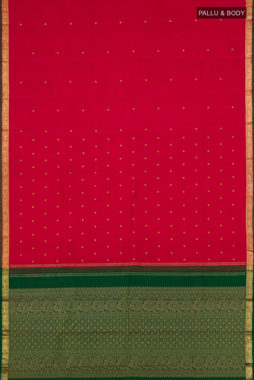 Flat view of Pure Silk Pure Zari Maroon Kanchipuram Saree with Zari Butta on the body and Zari Border. 