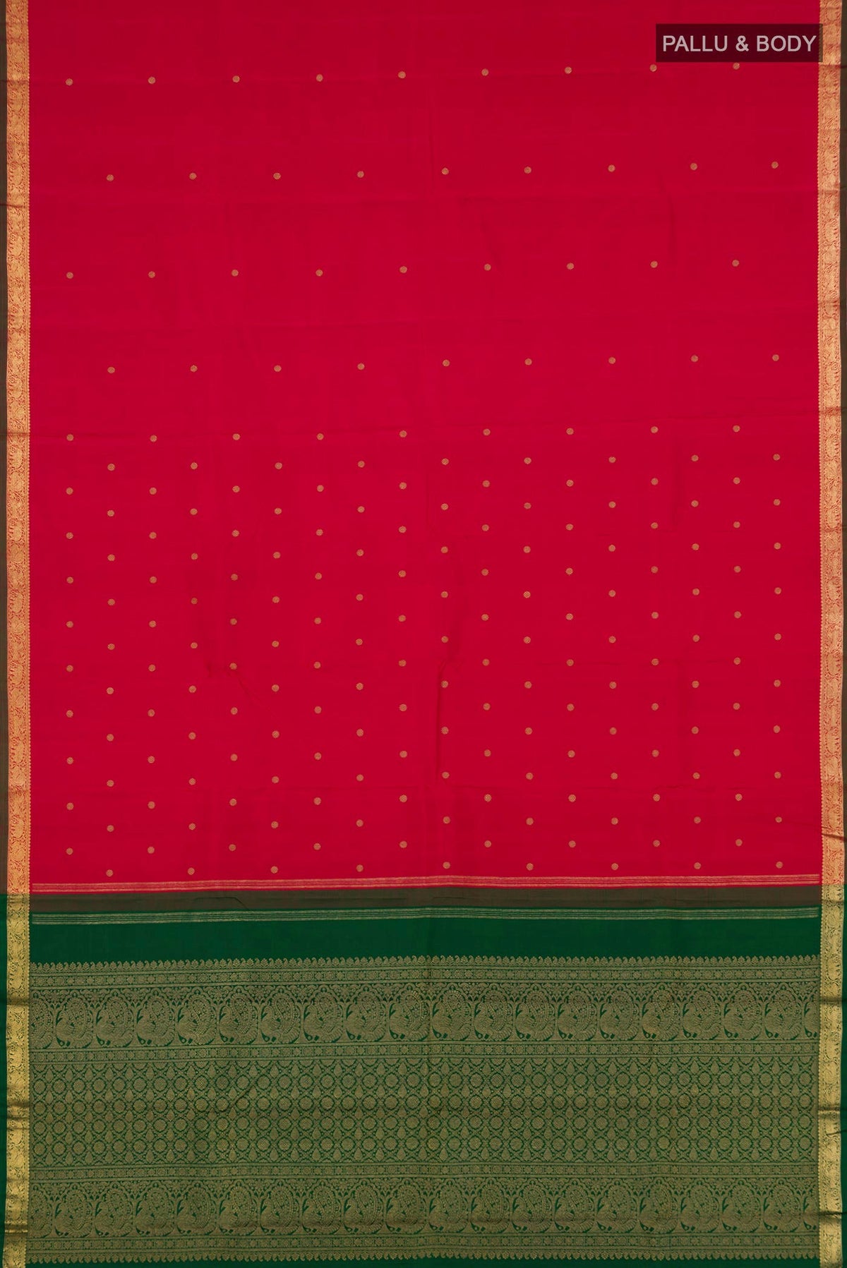 Flat view of Pure Silk Pure Zari Maroon Kanchipuram Saree with Zari Butta on the body and Zari Border. 