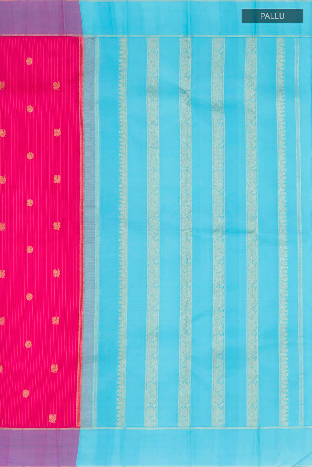 Close up image of the pallu of Pink Kanchipuram Silk Saree with Stripes on the body and Zari Border