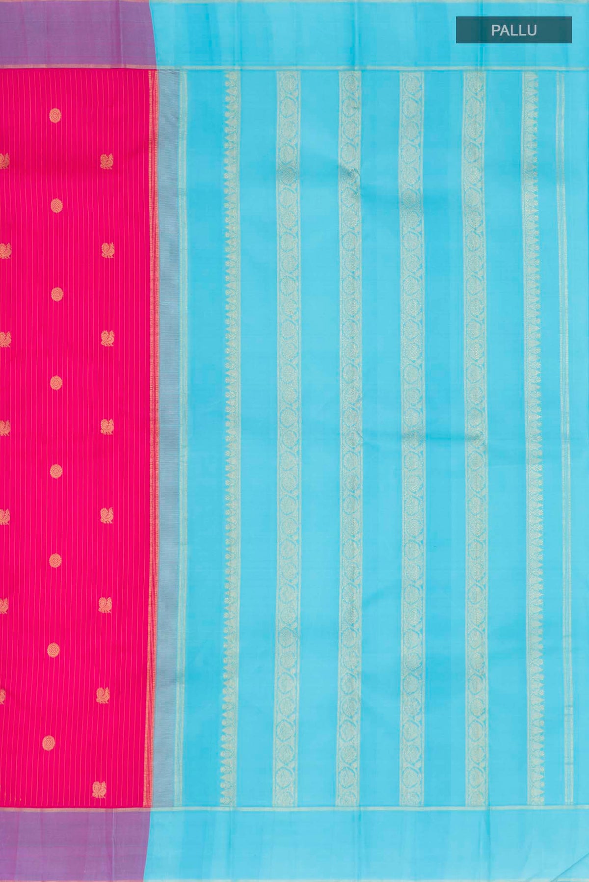 Close up image of the pallu of Pink Kanchipuram Silk Saree with Stripes on the body and Zari Border