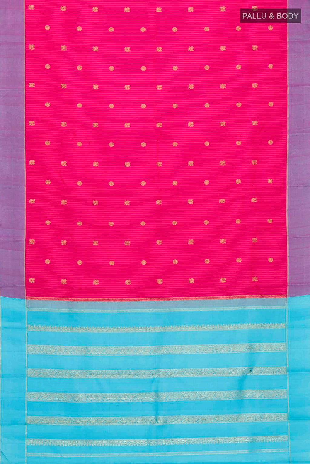 Flat view of Pink Kanchipuram Silk Saree with Stripes on the body and Zari Border