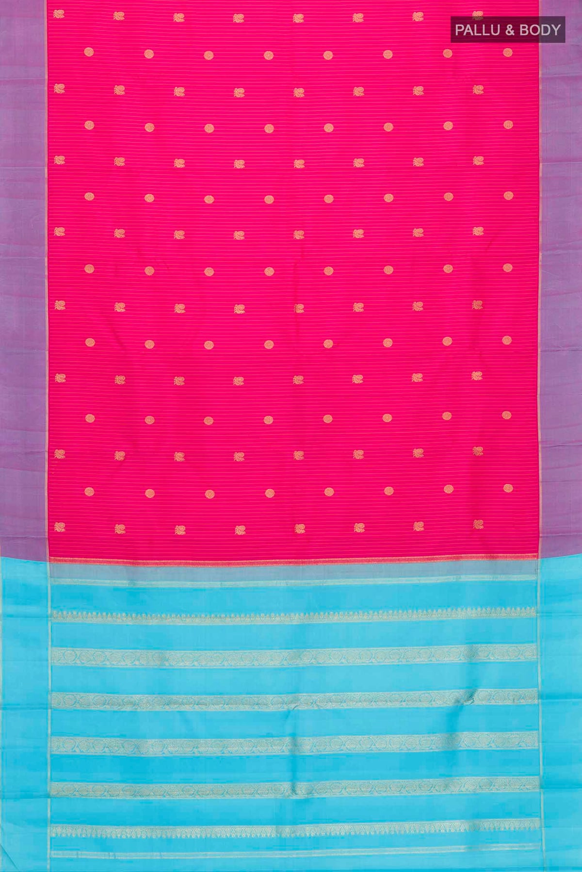 Flat view of Pink Kanchipuram Silk Saree with Stripes on the body and Zari Border
