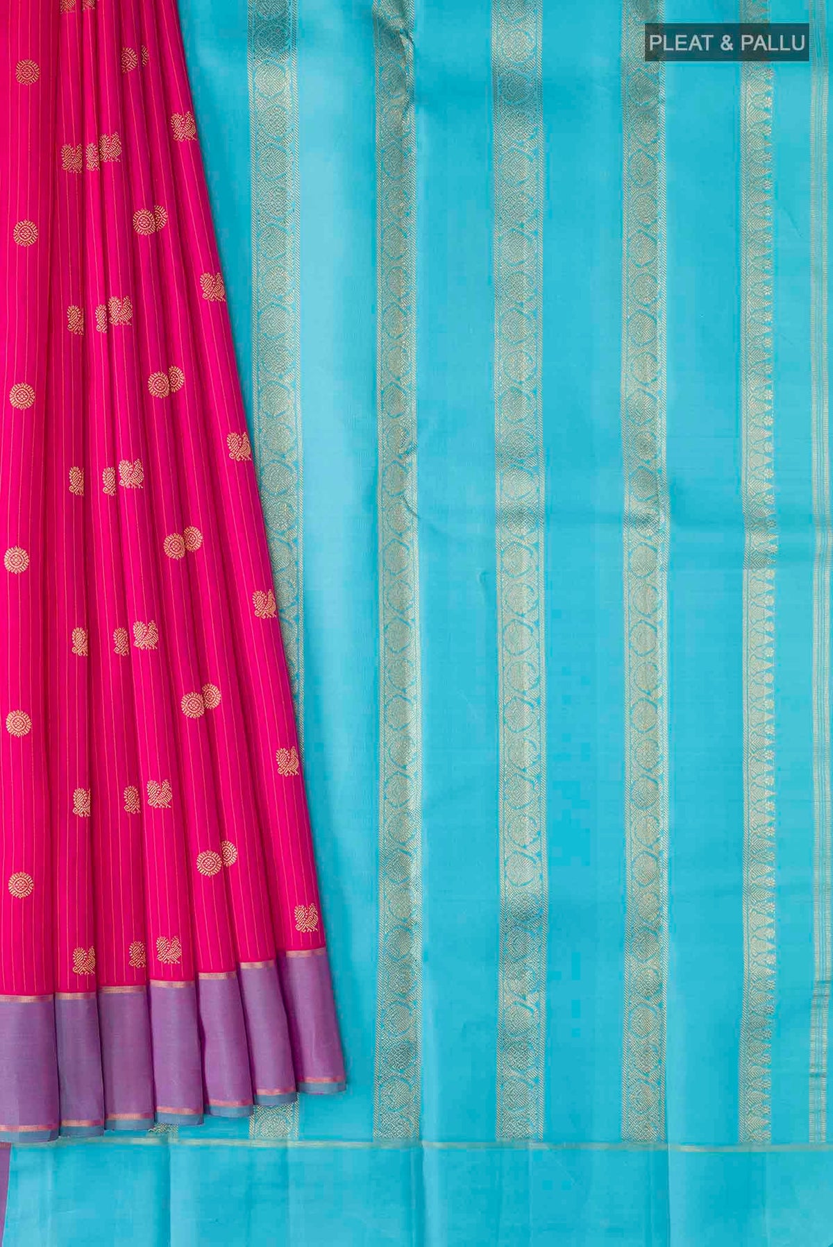 Pleats and pallu of Pink Kanchipuram Silk Saree with Stripes on the body and Zari Border