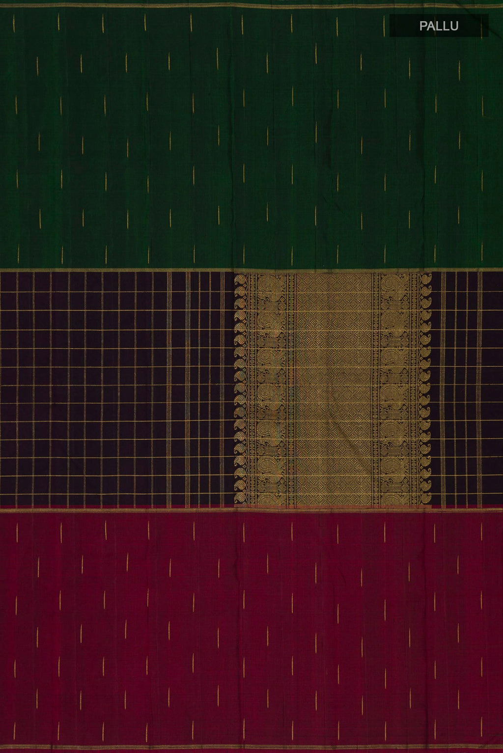 Close up image of the pallu of Pure Silk Pure Zari Black Kanchipuram Saree with Checked design on the body and Ganga Jamuna Border. 