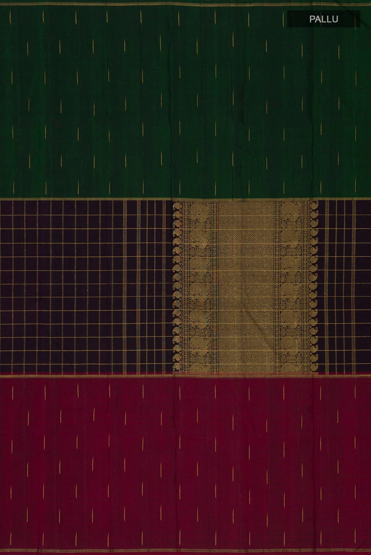 Close up image of the pallu of Pure Silk Pure Zari Black Kanchipuram Saree with Checked design on the body and Ganga Jamuna Border. 
