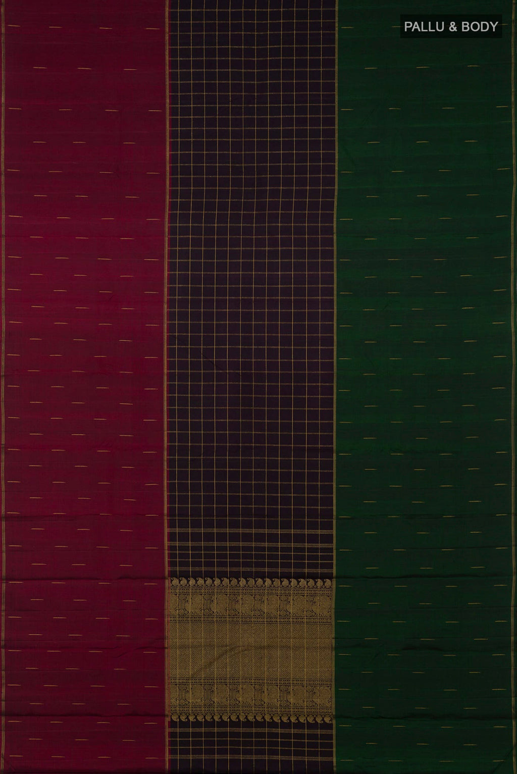 Flat view of Pure Silk Pure Zari Black Kanchipuram Saree with Checked design on the body and Ganga Jamuna Border. 
