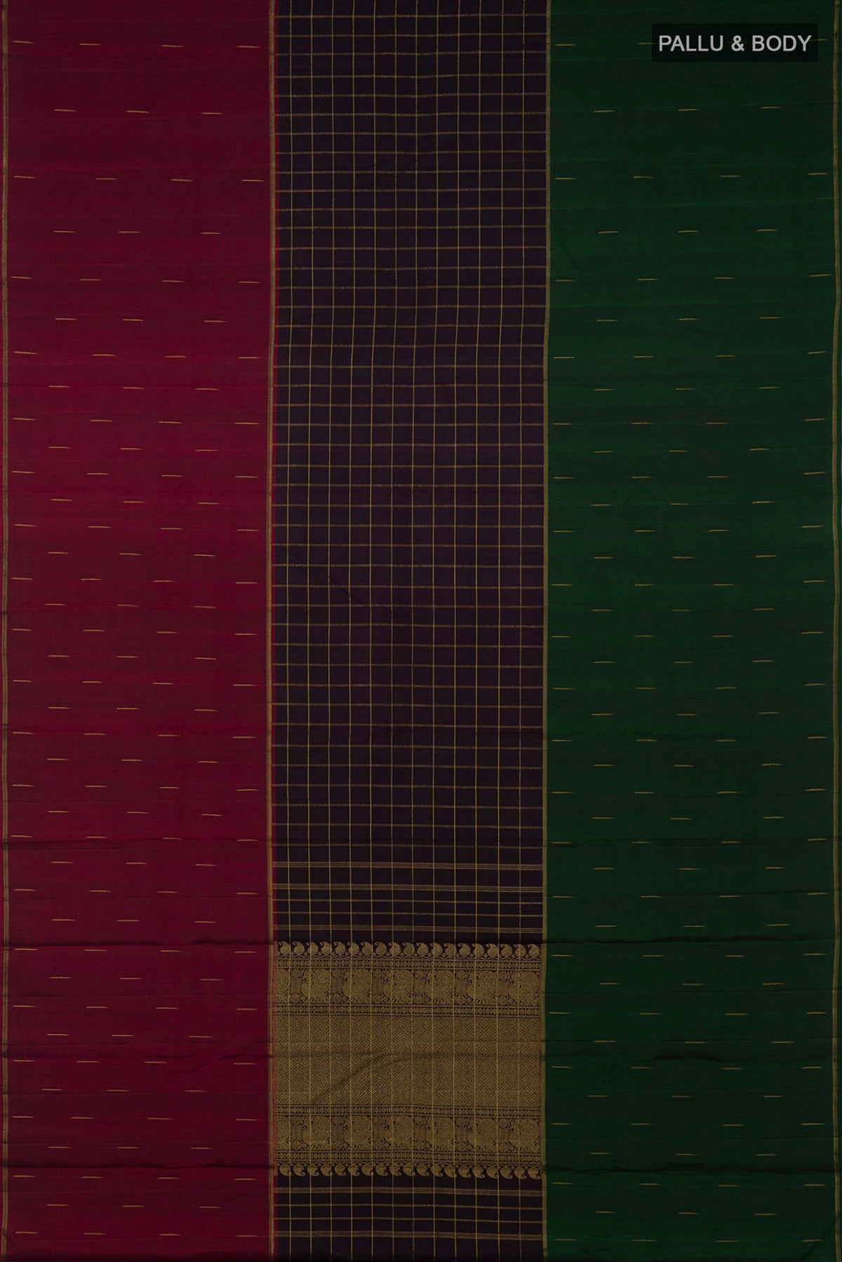 Flat view of Pure Silk Pure Zari Black Kanchipuram Saree with Checked design on the body and Ganga Jamuna Border. 