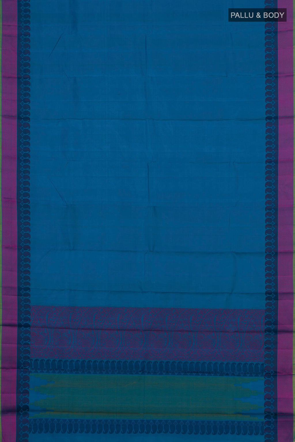 Flat view of Blue Kanchipuram Silk Saree with Plain Body and Thread Border. 