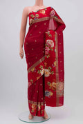 Maroon Tussar Silk Saree with Zari Butta on the body and Fancy Border displayed on a mannequin