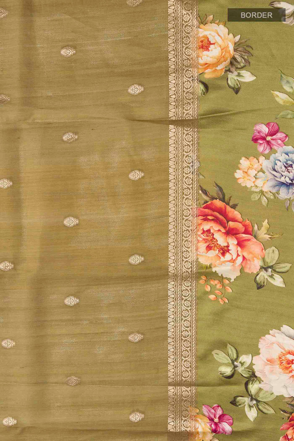 Border image of Green Tussar Silk Saree with Zari Butta on the body and Printed Border