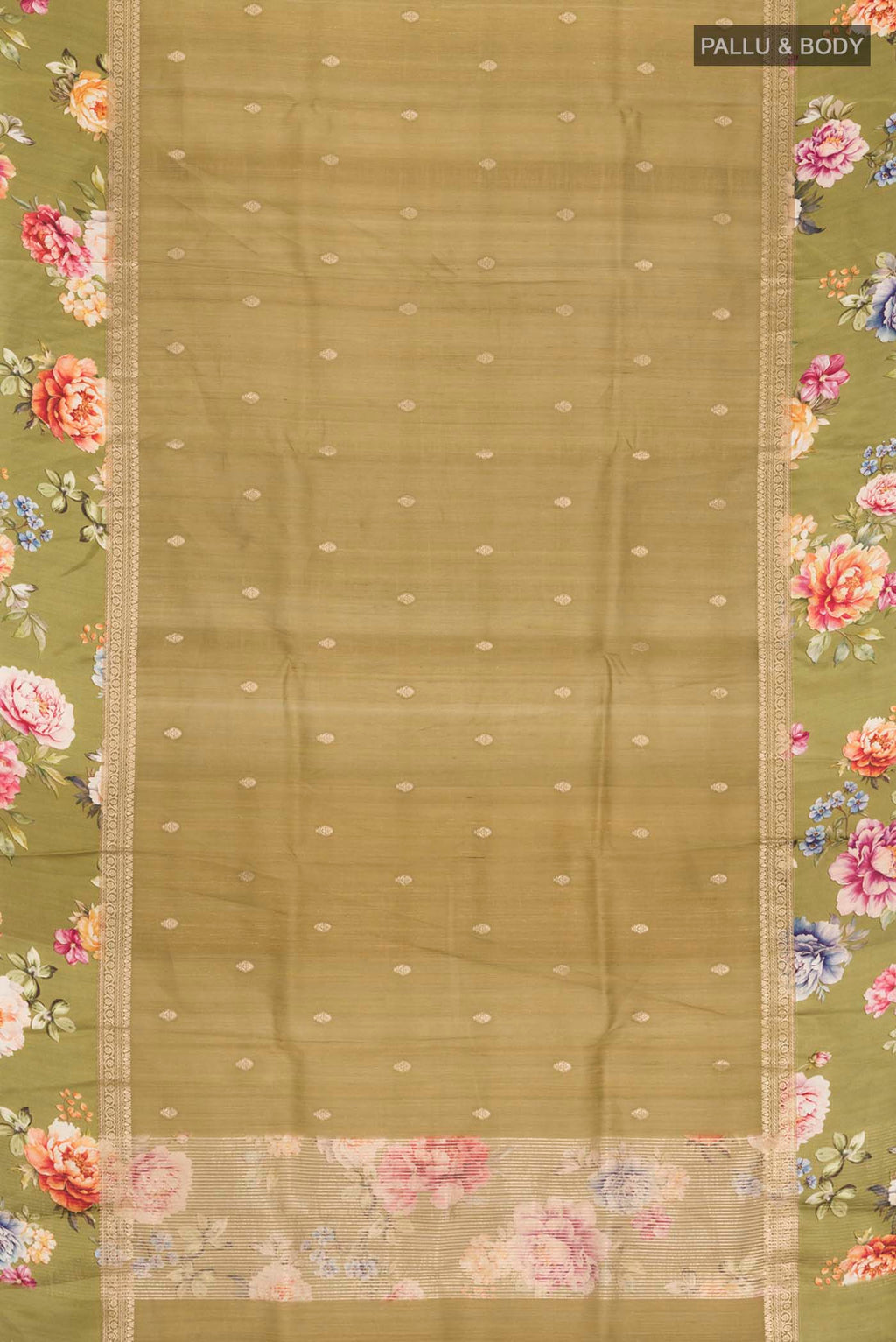 Flat view of Green Tussar Silk Saree with Zari Butta on the body and Printed Border