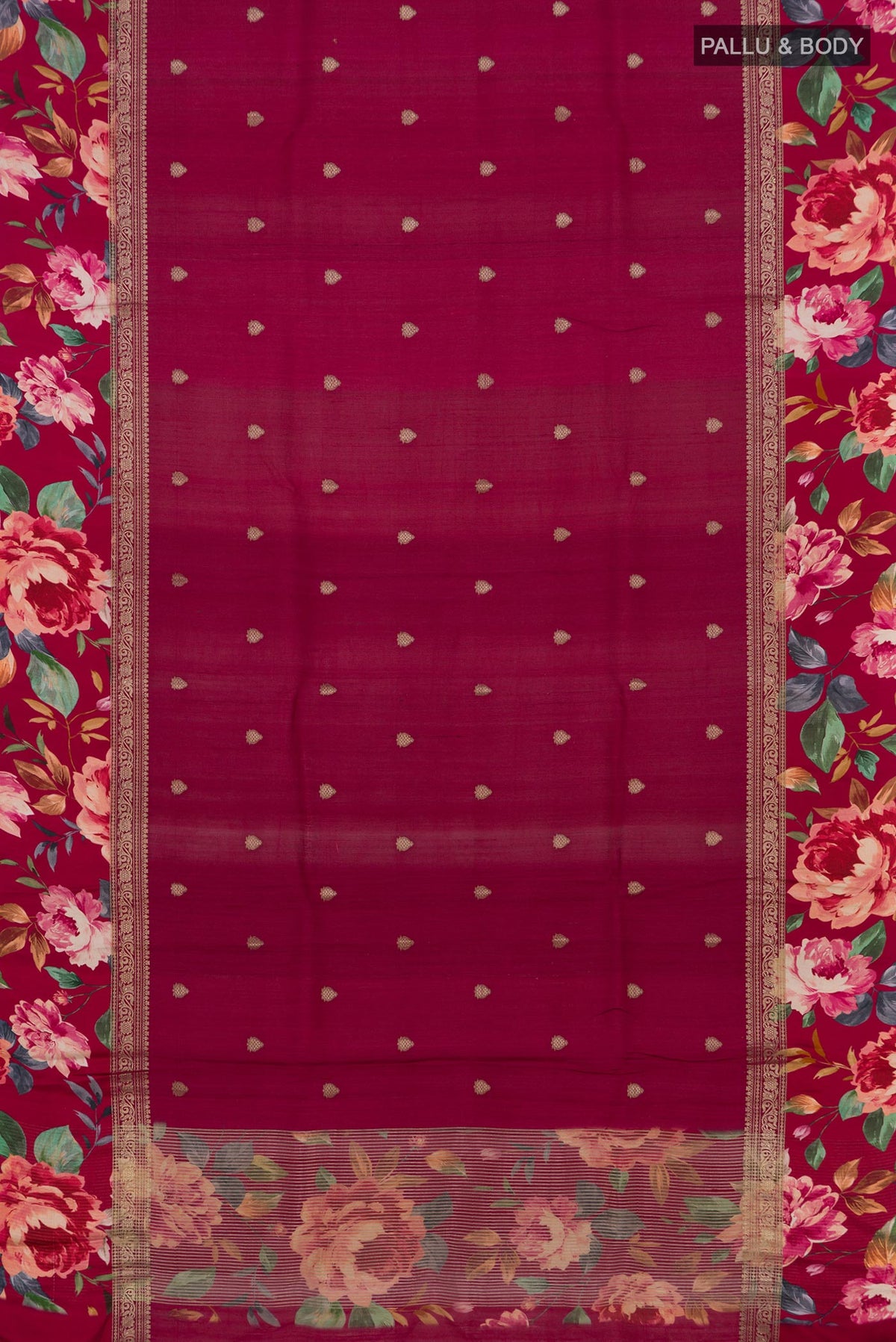 Flat view of Burgundy Tussar Silk Saree with Zari Butta on the body and Fancy Border. 