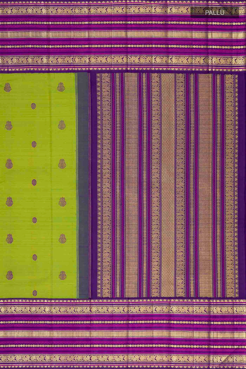 Close up image of the pallu of Green Kanchipuram Silk Saree with Thread Butta on the body and Zari Border