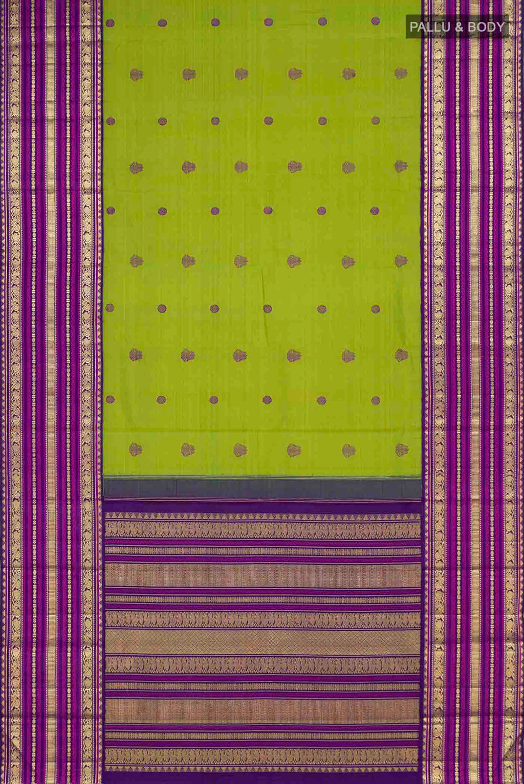 Flat view of Green Kanchipuram Silk Saree with Thread Butta on the body and Zari Border