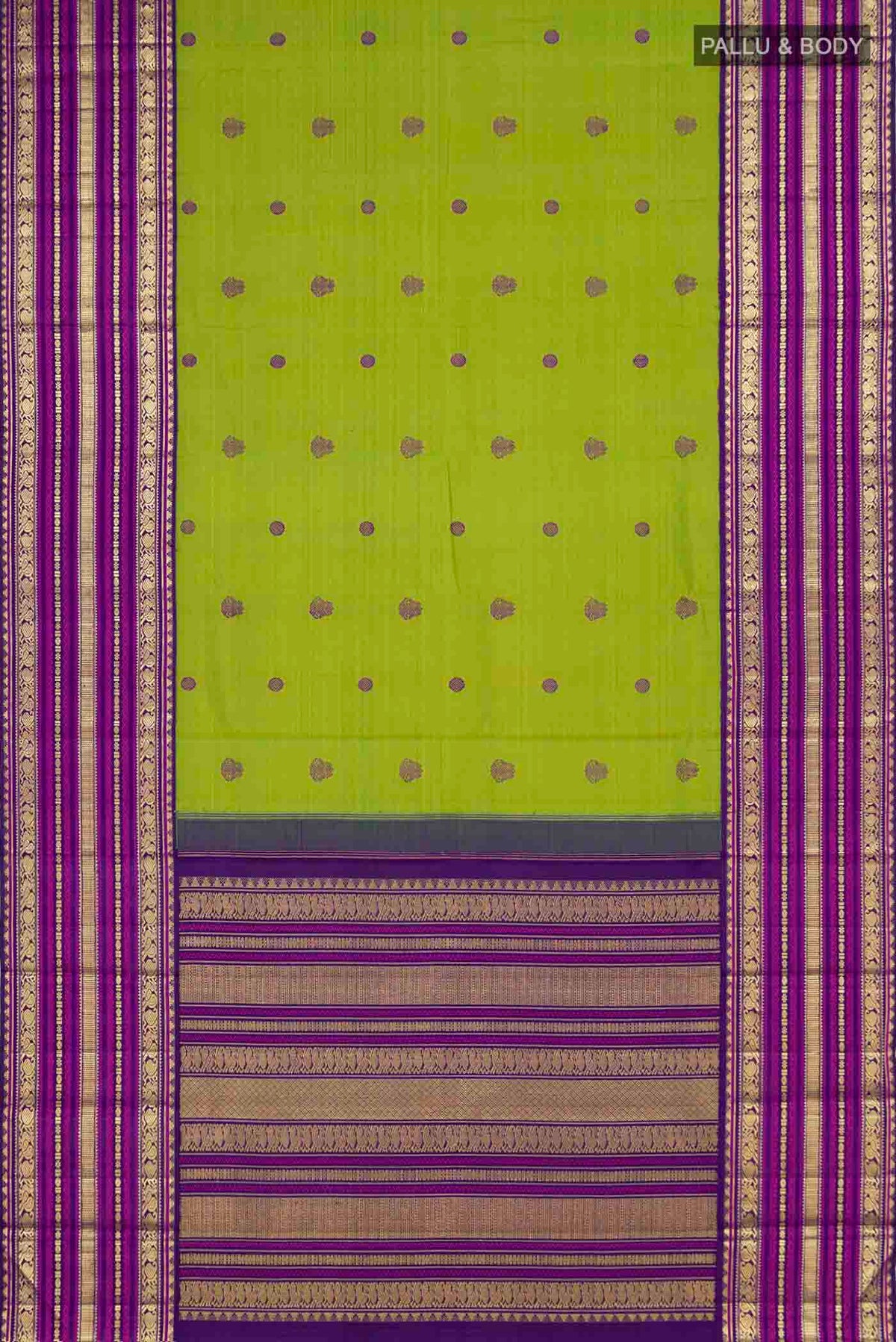 Flat view of Green Kanchipuram Silk Saree with Thread Butta on the body and Zari Border