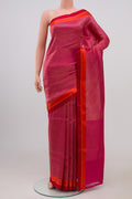 Pink Banarasi Silk Saree with Zari Brocade on the body and Thin Zari Line.  displayed on a mannequin