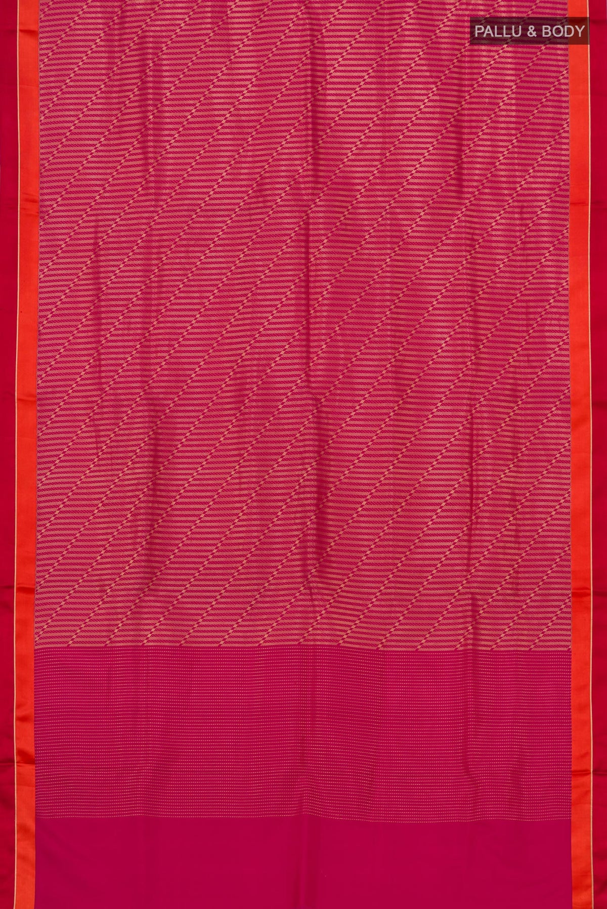 Flat view of Pink Banarasi Silk Saree with Zari Brocade on the body and Thin Zari Line. 