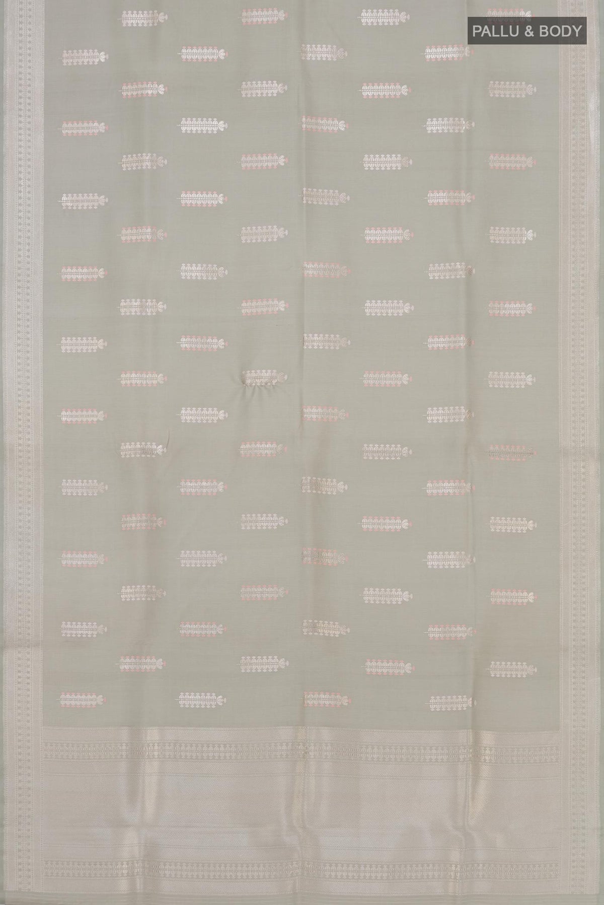 Flat view of Grey Banarasi Silk Saree with Zari Butta on the body and Zari Border. 