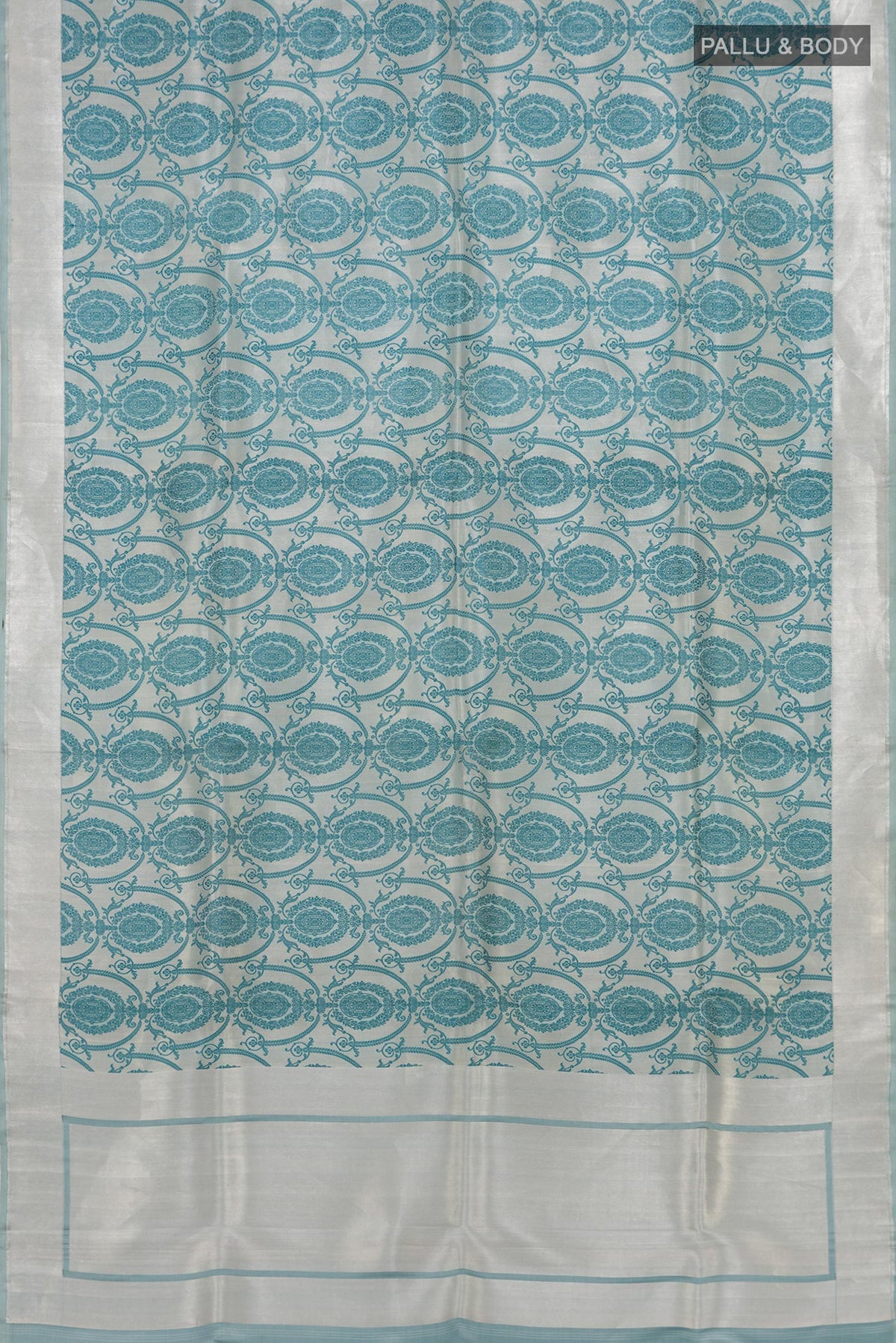 Flat view of Grey Banarasi Silk Saree with Zari Brocade on the body and Zari Border. 