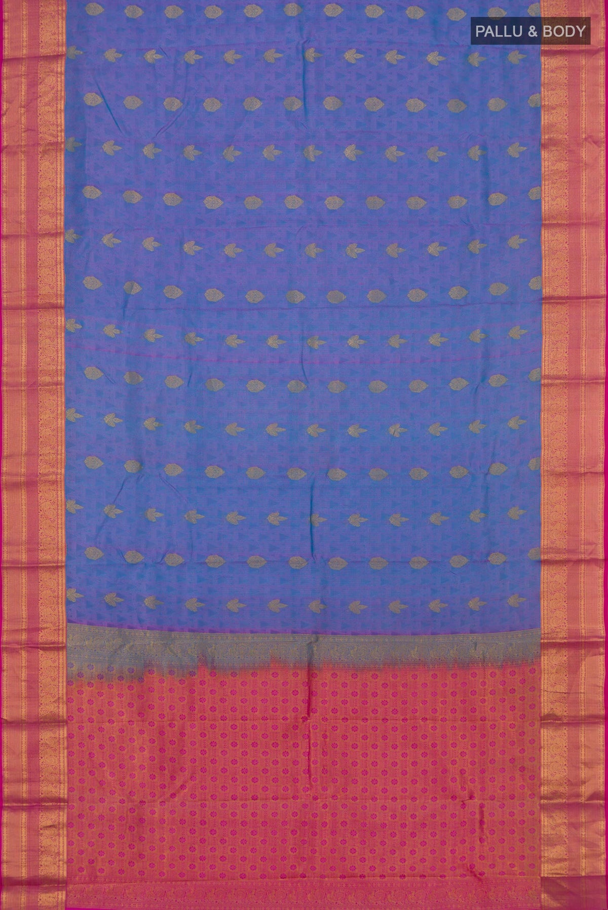 Flat view of Blue Kanchipuram Silk Saree with Jacquard design on the body and Zari Border. 
