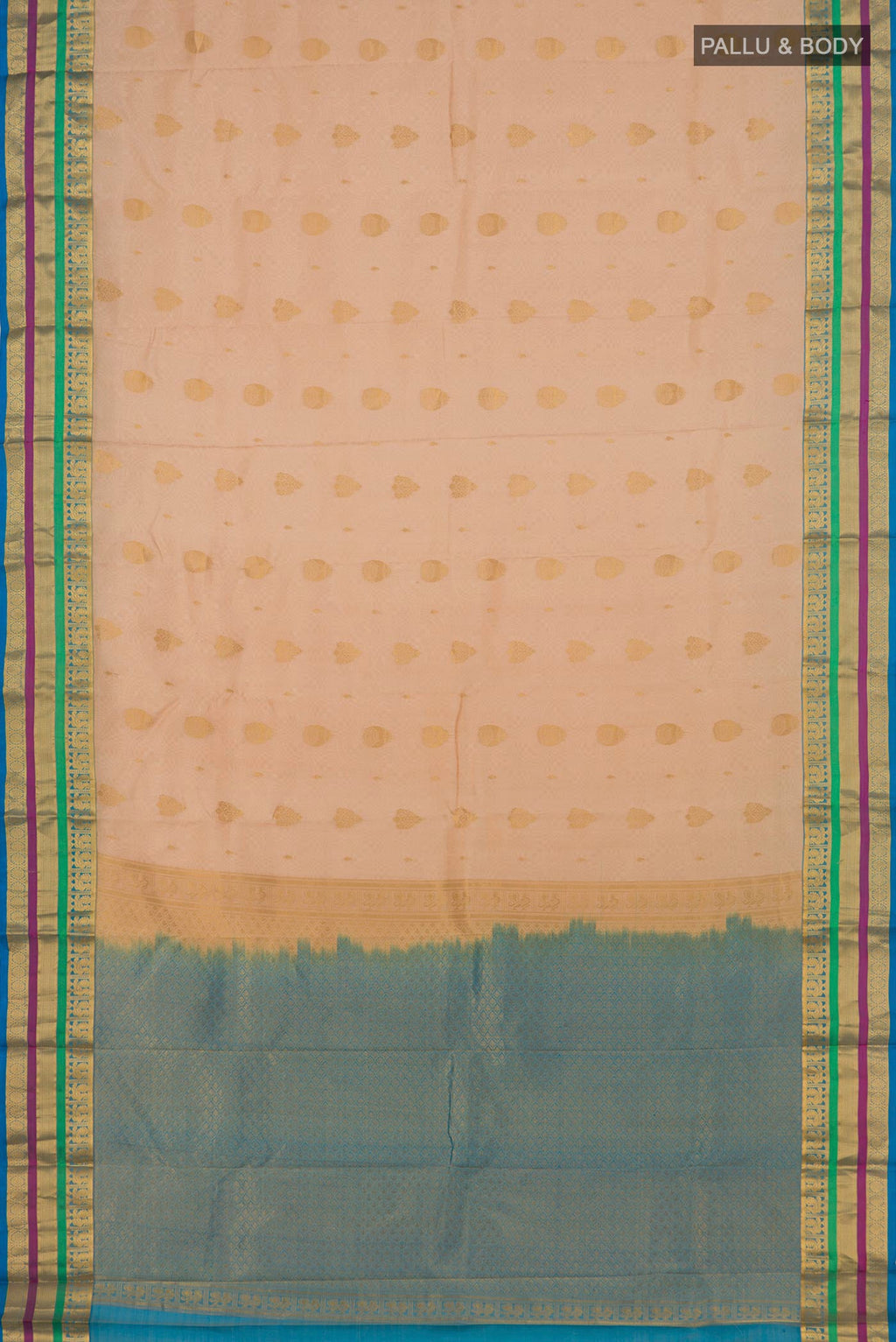 Flat view of Cream Kanchipuram Silk Saree with Jacquard design on the body and Zari Border. 