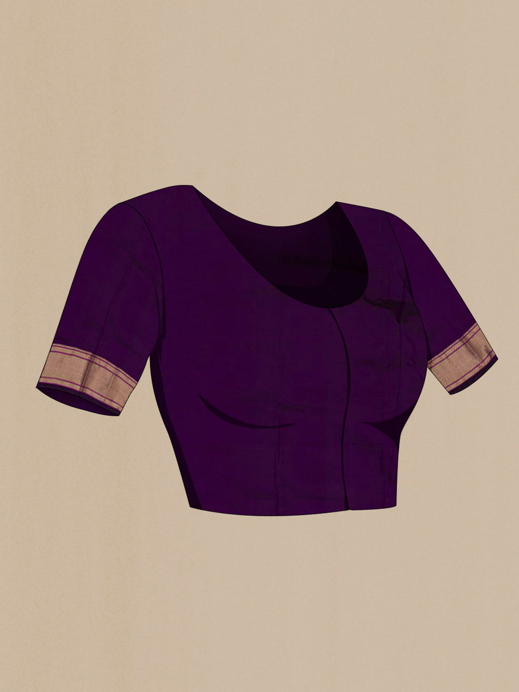 Close up image of the blouse of Purple Bangalore Silk Saree with Zari Butta on the body and Zari Border. 