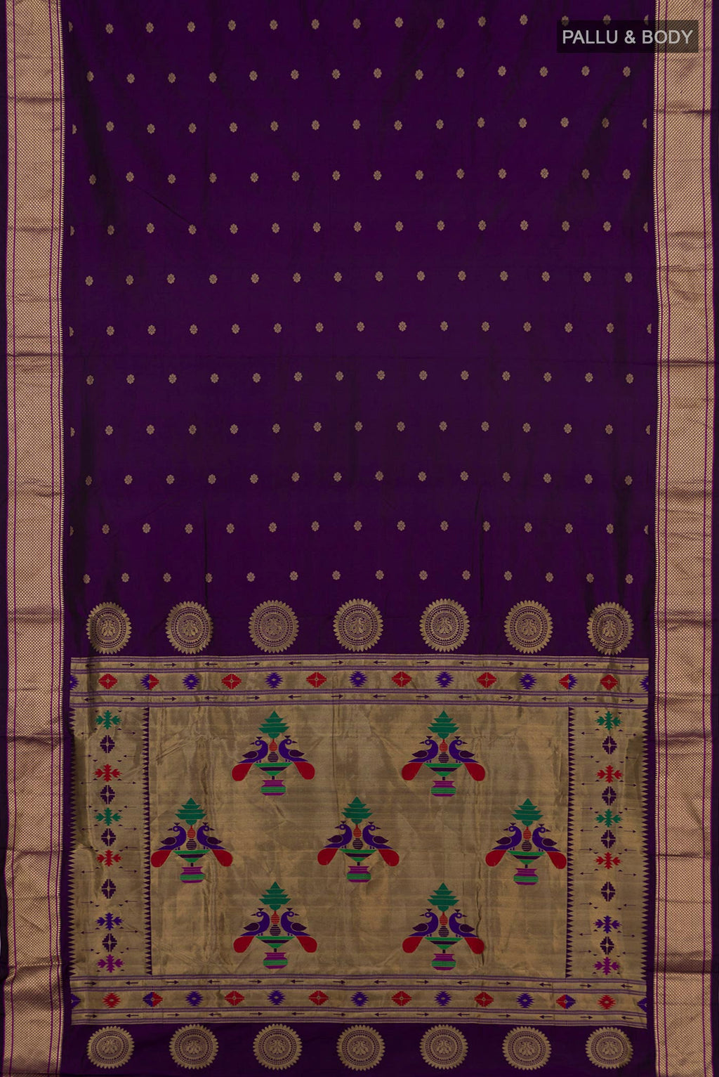 Flat view of Purple Bangalore Silk Saree with Zari Butta on the body and Zari Border. 